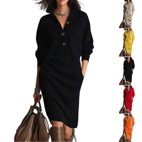 Cyglowse Button Down Sweater Dresses for Women 2025 V Neck Long Sleeve Ribbed Knit Midi Dress with Pockets Casual Winter Black XL