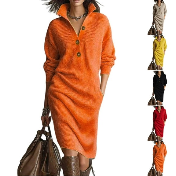 Cyglowse Button Down Sweater Dresses for Women 2025 V Neck Long Sleeve Ribbed Knit Midi Dress with Pockets Casual Winter Saffron XL