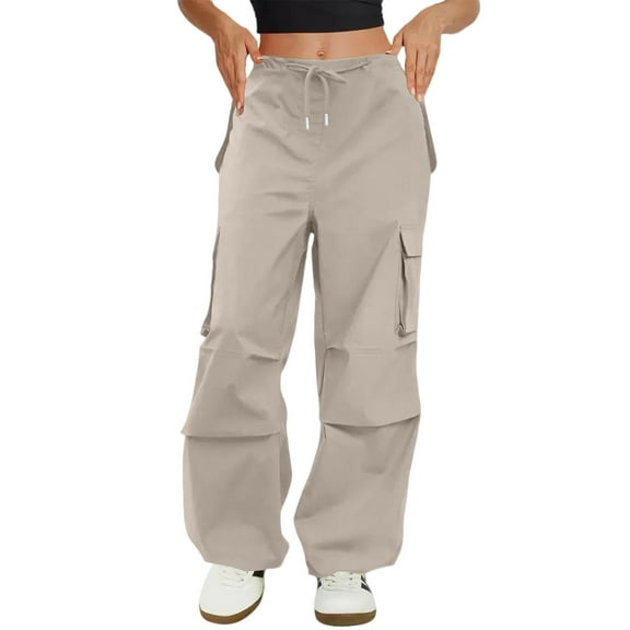 Cyglowse Cargo Pants Women Low Waisted Parachute Pants with Pockets Loose Baggy Hiking Pants Y2K Clothes Khaki 2XL