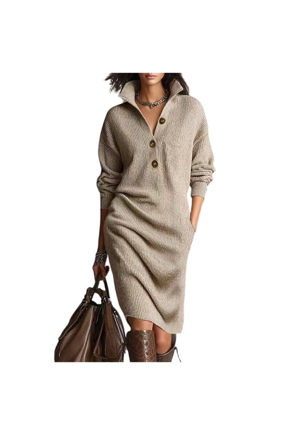 Casual Sweater Dresses for Women V Neck Long Sleeve Oversized Fall Winter Button Down Ribbed Knit Midi Dress Khaki 2XL