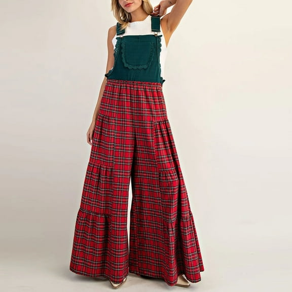 Cyglowse Christmas Plaid Overall Jumpsuit for Women Checkered Sleeveless Wide Leg Santa Claus Romper Xmas Playsuit Green L