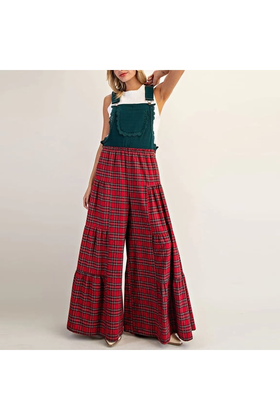 Christmas Plaid Overall Jumpsuit for Women Checkered Sleeveless Wide Leg Santa Claus Romper Xmas Playsuit Green S
