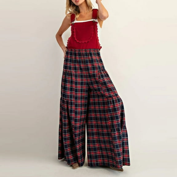 Cyglowse Christmas Plaid Overall Jumpsuit for Women Checkered Sleeveless Wide Leg Santa Claus Romper Xmas Playsuit Red S