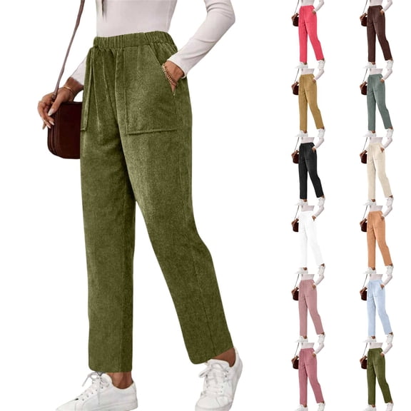 Cyglowse Comfy Pull On Corduroy Pants for Women Elastic High Waisted Straight Leg Casual Trousers Loose Fit Fall Slacks with Pockets Army Green S
