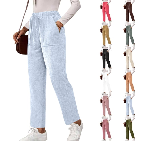 Cyglowse Comfy Pull On Corduroy Pants for Women Elastic High Waisted Straight Leg Casual Trousers Loose Fit Fall Slacks with Pockets Sky Blue 3XL