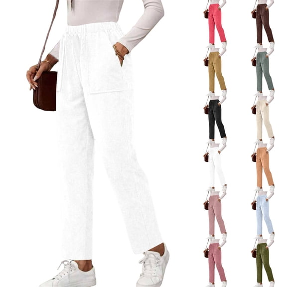Cyglowse Comfy Pull On Corduroy Pants for Women Elastic High Waisted Straight Leg Casual Trousers Loose Fit Fall Slacks with Pockets White M