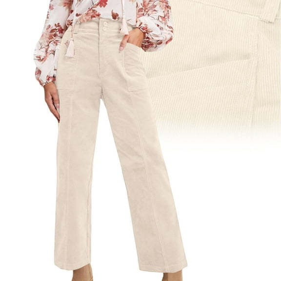 Cyglowse Corduroy Pants Women Wide Leg High Waisted Casual Trousers with Pockets 2026 Fall Winter Fashion Stretch Comfort Beige M