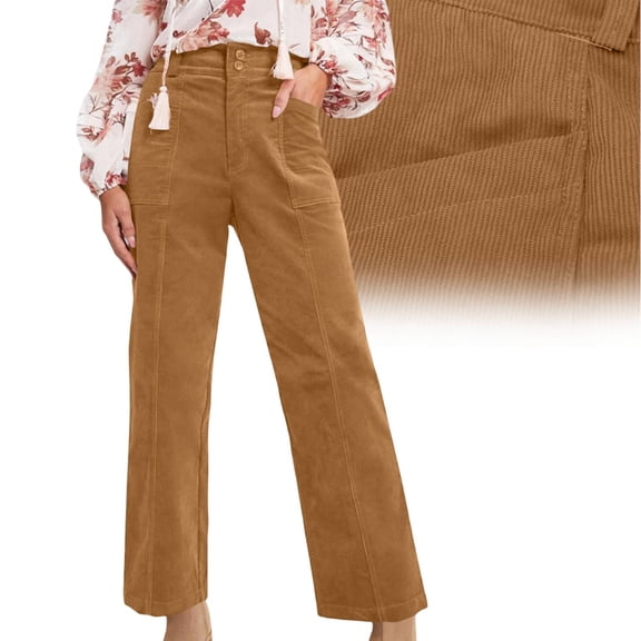 Cyglowse Corduroy Pants Women Wide Leg High Waisted Casual Trousers with Pockets 2026 Fall Winter Fashion Stretch Comfort Brown 2XL