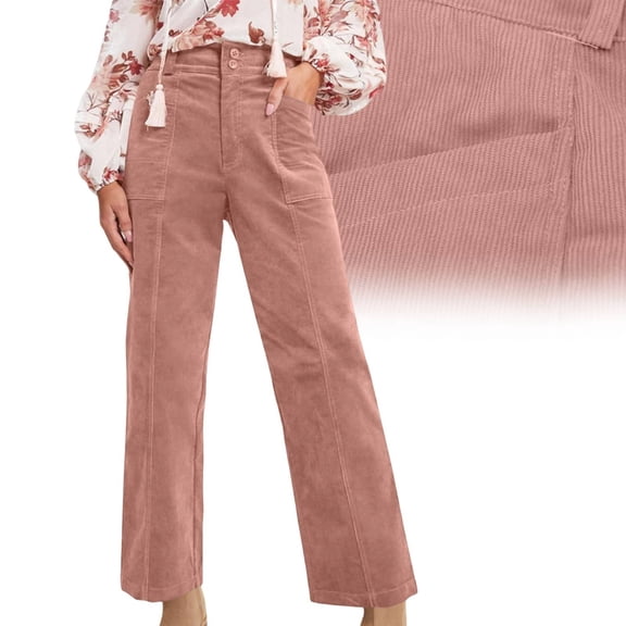 Cyglowse Corduroy Pants Women Wide Leg High Waisted Casual Trousers with Pockets 2026 Fall Winter Fashion Stretch Comfort Pink 2XL