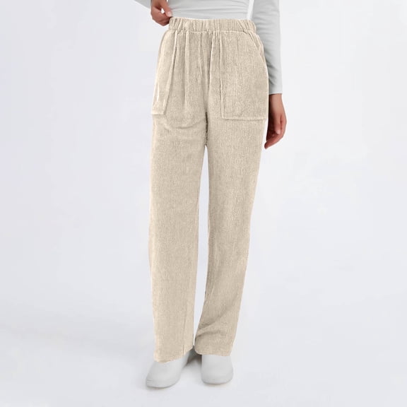 Cyglowse Corduroy Pants for Women Elastic High Waist Pull On Straight Leg Slacks Casual Trousers with Pocket Beige M