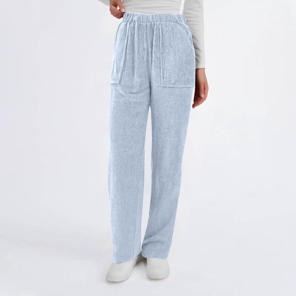 Cyglowse Corduroy Pants for Women Elastic High Waist Pull On Straight Leg Slacks Casual Trousers with Pocket Sky Blue XL