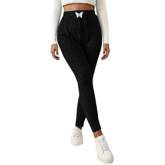 Cyglowse Cozy Leggings for Women Ribbed Knit Elastic Waist Tummy Control Winter Sweater Pants Warm Lounge Tights Casual Yoga Pants Black 2XL