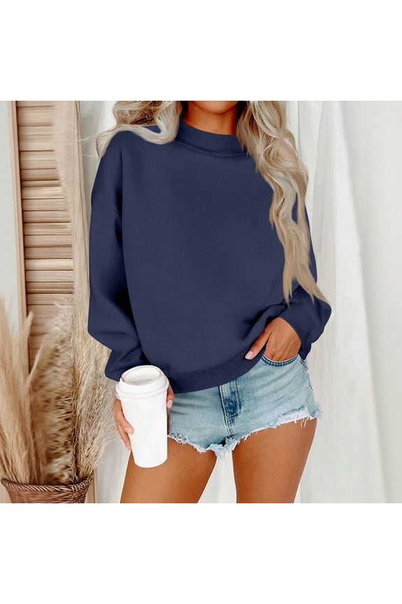 Cozy Oversized Pullover for Women Mock Neck Long Sleeve Top Casual Streetwear Soft Sweatshirt 2026 Navy 2XL