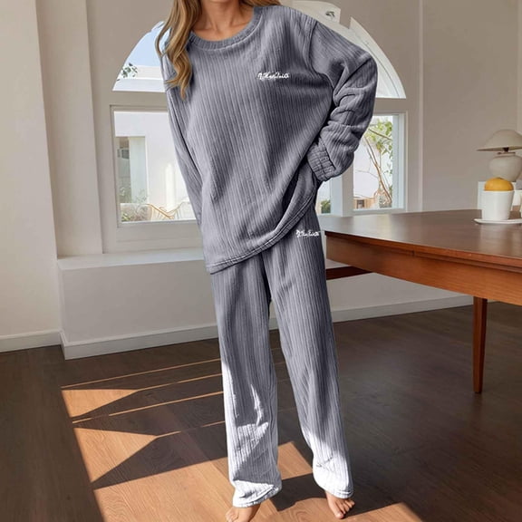Cyglowse Cozy Winter Pajamas for Women Set 2 Piece Long Sleeve Soft Fleece Loungewear Set Warm Fuzzy Flannel Sleepwear Pjs Gray One Size