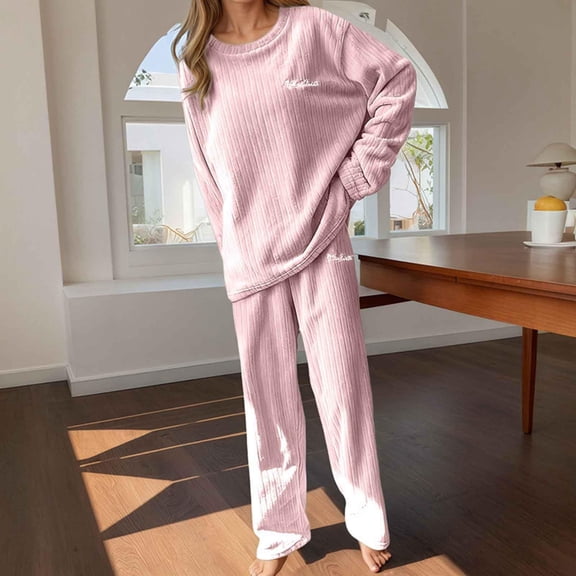 Cyglowse Cozy Winter Pajamas for Women Set 2 Piece Long Sleeve Soft Fleece Loungewear Set Warm Fuzzy Flannel Sleepwear Pjs Light pink One Size