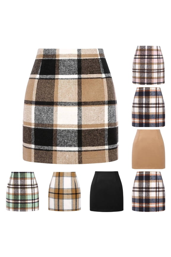 Cyglowse Fall Plaid Skirts for Women High Waist Bodycon Mini Skirt Ladies Above The Knee Dress Fall Fashion Coffee L