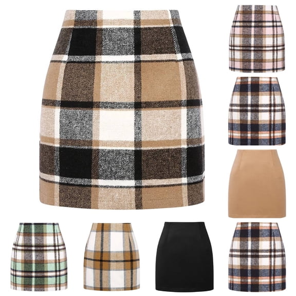 Cyglowse Fall Plaid Skirts for Women High Waist Bodycon Mini Skirt Ladies Above The Knee Dress Fall Fashion Khaki 2XL
