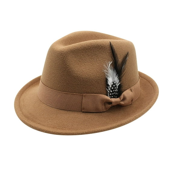 Cyglowse Fedora Hats for Men Women Classic Short Brim Felt Manhatta Fedora Hat with Feathers Band Khaki One Size
