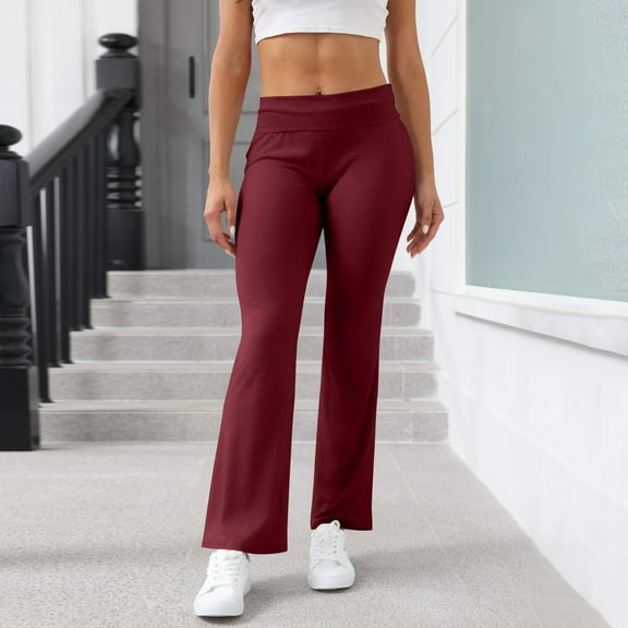 Cyglowse Flare Leggings for Women Low Rise Fold Over Flared Yoga Pants Bootcut Leggings Ladies Comfy Workout Pants Wine L