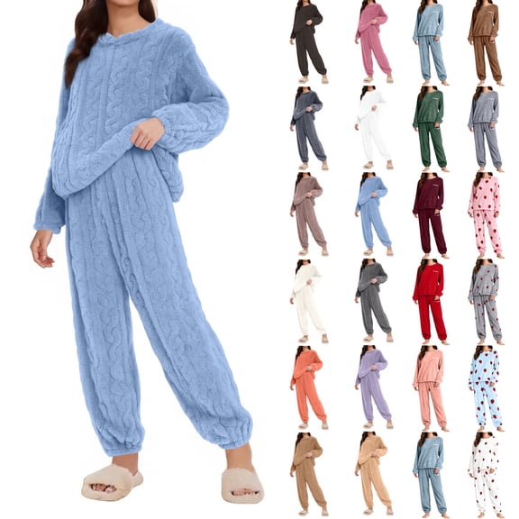 Cyglowse Fuzzy Fleece Pajamas for Women 2 Piece Set Long Sleeve Winter Warm Cozy Loungewear Soft Plush Pullover and Pants Set Purple One Size