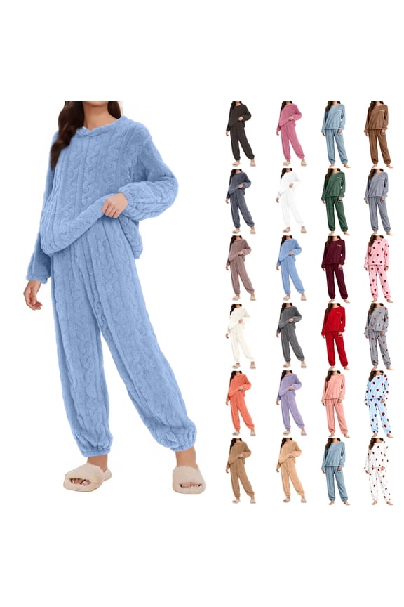 Fuzzy Fleece Pajamas for Women 2 Piece Set Long Sleeve Winter Warm Cozy Loungewear Soft Plush Pullover and Pants Set Purple One Size