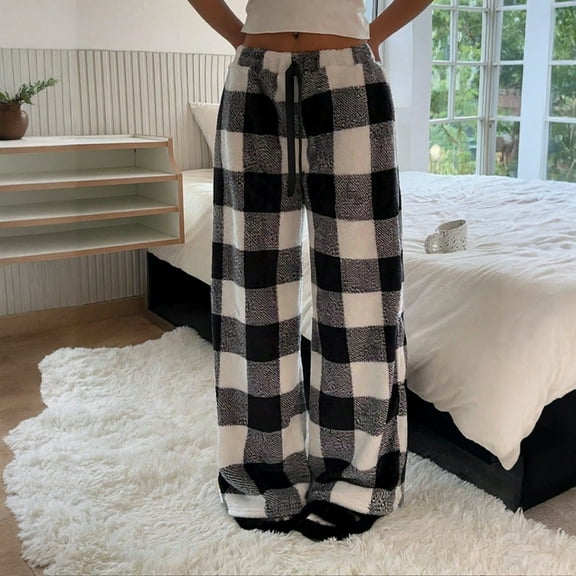Cyglowse Fuzzy Pajama Pants Women Baggy Wide Leg Fleece Plaid Pajama Pants Winter Fluffy Bow Tie High Waisted Pj Bottoms Black XL