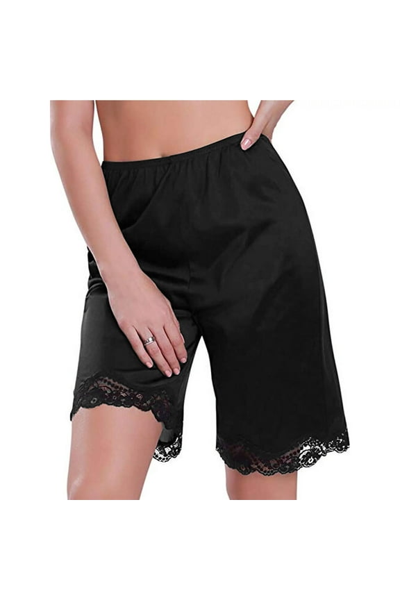 Half Slip Shorts For Women Lace Trim Satin Slik Culotte Short Pettipants Lounge Shorts Bloomers Tap Lingerie Pants Black L