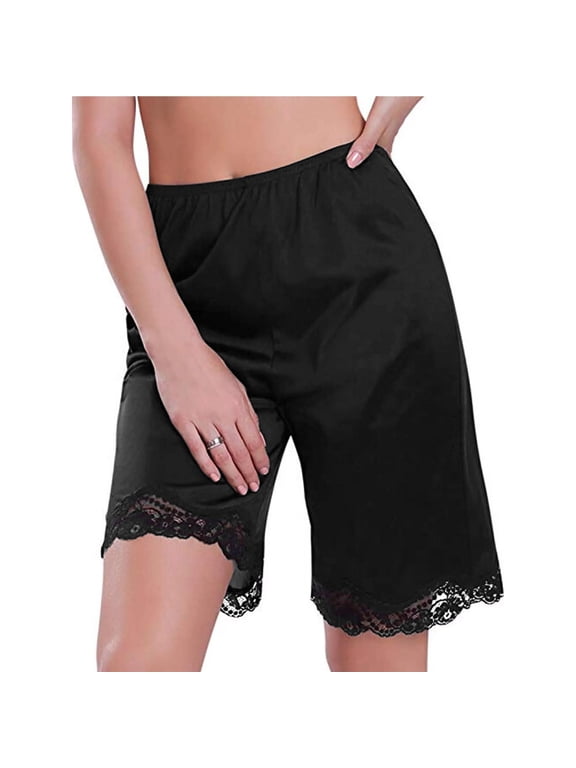 Half Slip Shorts For Women Lace Trim Satin Slik Culotte Short Pettipants Lounge Shorts Bloomers Tap Lingerie Pants Black L