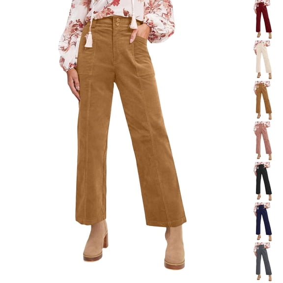 Cyglowse High Waist Corduroy Pants for Women Wide Leg Casual Trousers 2026 Fall Winter Pants with Pockets Stretch Comfort Brown XL