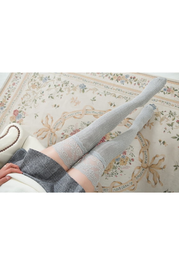 Large Lace Knee High Socks High Thigh Socks Lace Top Cotton Long Stockings Over the Knee Leggings Gray