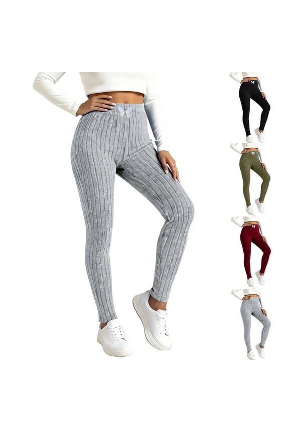 Leggings for Women Ribbed Knit Elastic Waist Tummy Control Winter Tights Cozy Lounge Pants Soft Sweater Pants Long Light Gray M