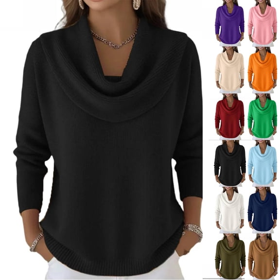 Cyglowse Lightweight Cowl Neck Sweaters for Women Long Sleeve Knit Pullover Cozy Loose Fall Winter Black 2XL