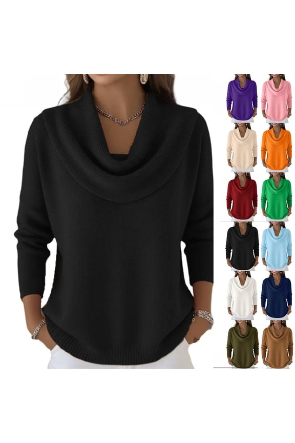 Cyglowse Lightweight Cowl Neck Sweaters for Women Long Sleeve Knit Pullover Cozy Loose Fall Winter Black 2XL