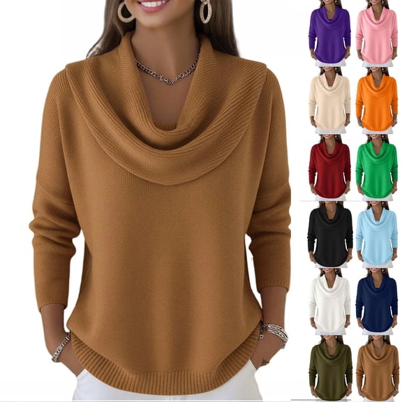Cyglowse Lightweight Cowl Neck Sweaters for Women Long Sleeve Knit Pullover Cozy Loose Fall Winter Brown 2XL