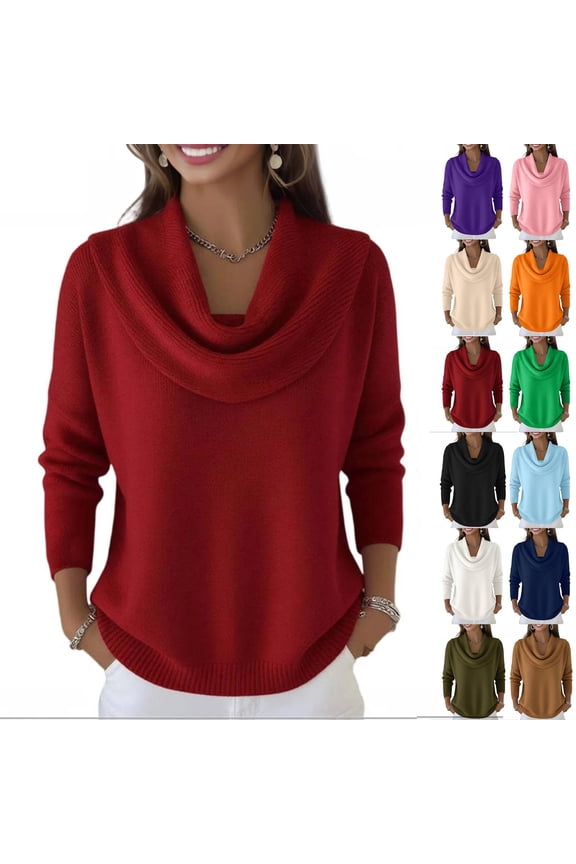 Cyglowse Lightweight Cowl Neck Sweaters for Women Long Sleeve Knit Pullover Cozy Loose Fall Winter Wine L