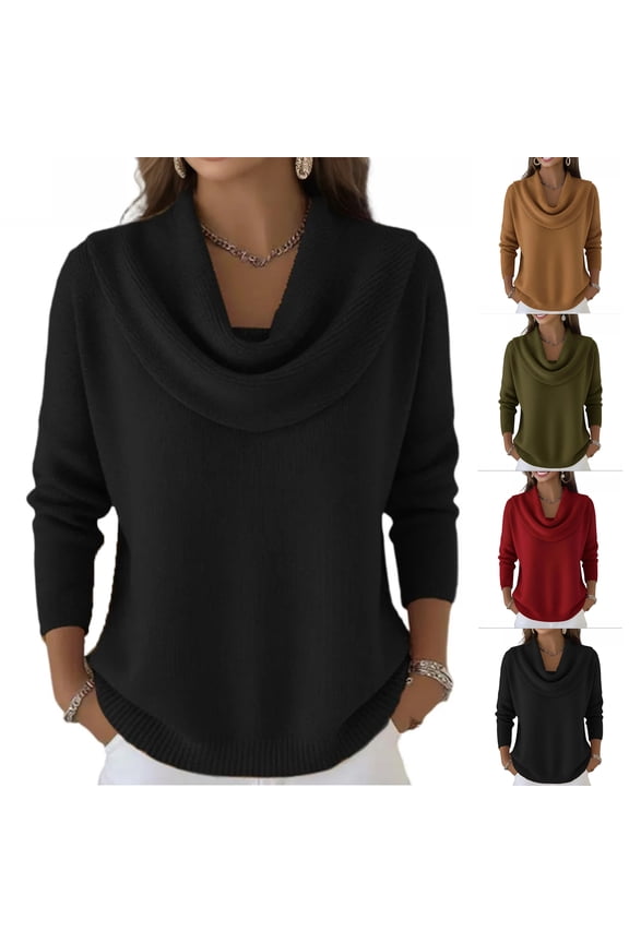 Cyglowse Long Sleeve Knit Top for Women Cowl Neck Loose Pullover Sweater Cozy Casual Fall Winter Brown L