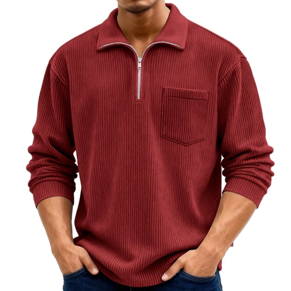 Cyglowse Men Corduroy Sweatshirt Casual Stand Collar Quarter Zip Pullover Spring Ribbed Long Sleeve Sweater Thermal Sweatshirts Wine L