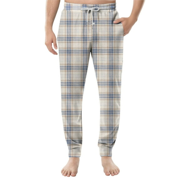 Cyglowse Men's Funny Pajamas Pants Drawstring Elastic Waist Pants Cuffed Plaid Print Home Sleep Pant With Pockets Khaki XL