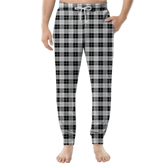 Cyglowse Men's Funny Pajamas Pants Drawstring Elastic Waist Pants Cuffed Plaid Print Home Sleep Pant With Pockets Light Gray L