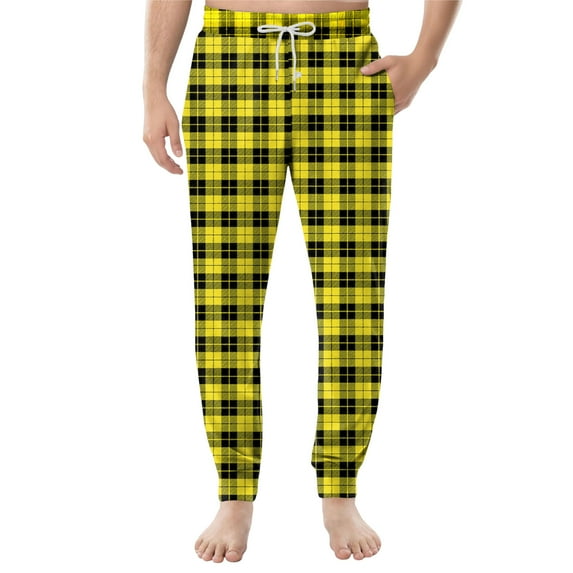 Cyglowse Men's Funny Pajamas Pants Drawstring Elastic Waist Pants Cuffed Plaid Print Home Sleep Pant With Pockets Yellow XL