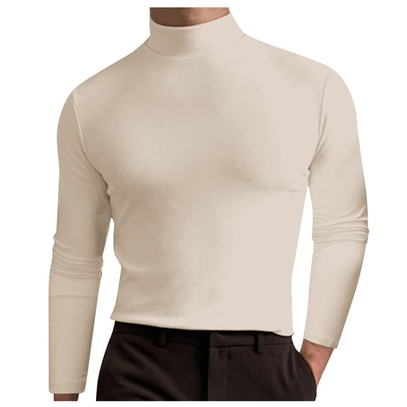 Cyglowse Men's Long Sleeve Turtleneck T-Shirts Basic Solid Color Thermal Undershirt Slim fit Pullover Beige 2XL