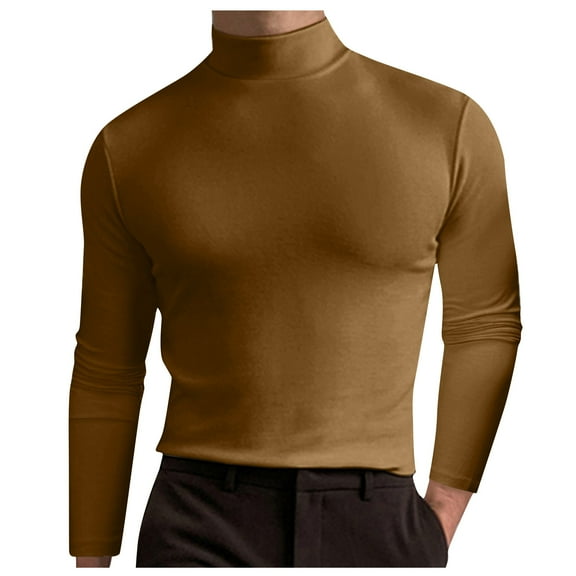 Cyglowse Men's Long Sleeve Turtleneck T-Shirts Basic Solid Color Thermal Undershirt Slim fit Pullover Brown 3XL