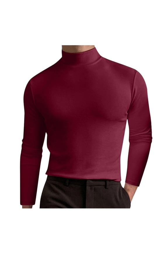Men's Long Sleeve Turtleneck T-Shirts Basic Solid Color Thermal Undershirt Slim fit Pullover Wine L
