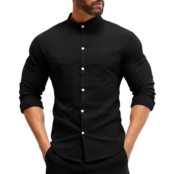 Cyglowse Mens Dress Shirts Wrinkle Free Dress Shirts for Men Long Sleeve Button Down Shirts Banded Collar Shirts Black L