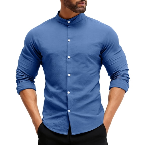 Cyglowse Mens Dress Shirts Wrinkle Free Dress Shirts for Men Long Sleeve Button Down Shirts Banded Collar Shirts Blue 2XL