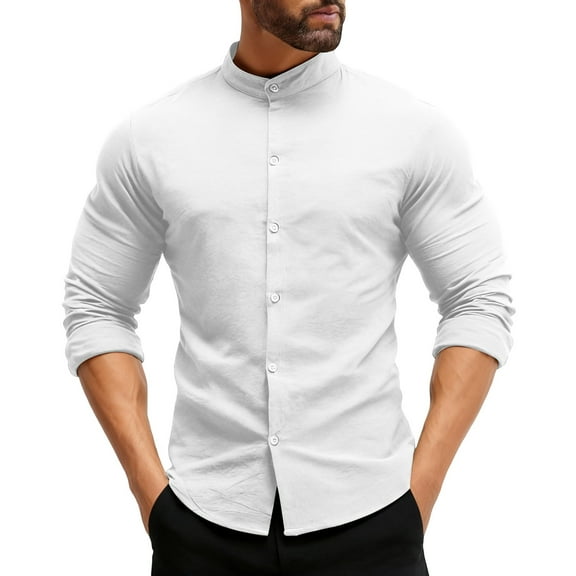 Cyglowse Mens Dress Shirts Wrinkle Free Dress Shirts for Men Long Sleeve Button Down Shirts Banded Collar Shirts White M