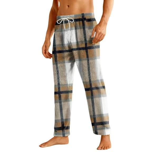 Cyglowse Mens Pajama Pants Flannel Buffalo Plaid Comfy Lounge Pants PJ Bottoms with Pocket Beige 2XL