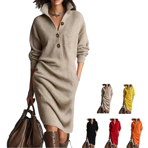 Cyglowse Midi Sweater Dresses for Women 2025 Fall Winter Long Sleeve Casual V Neck Loose Fit Ribbed Knit Dress Khaki 2XL