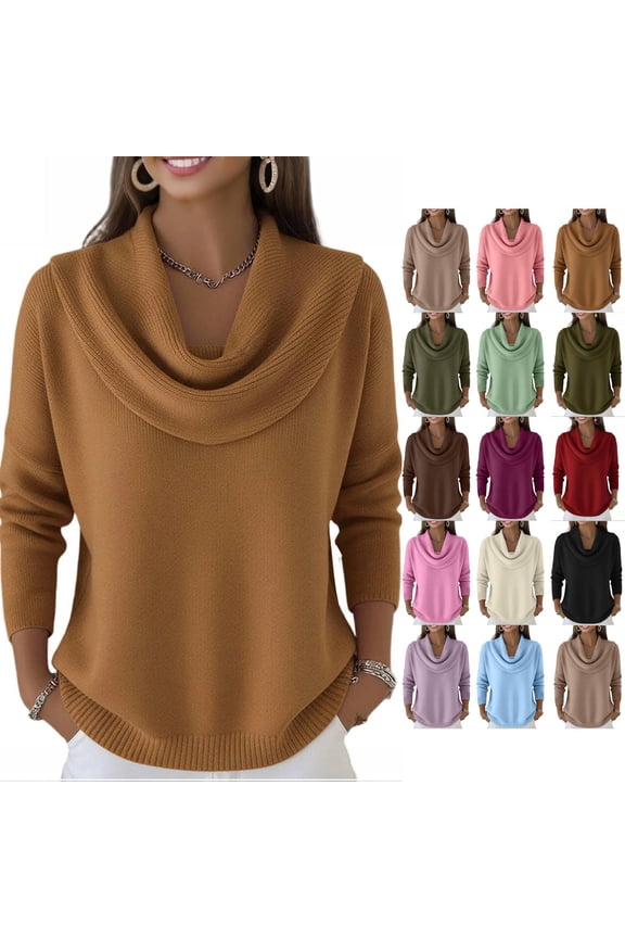 Cyglowse Oversized Cowl Neck Sweater for Women 2024 Soft Knit Long Sleeve Casual Pullover Winter Top Brown 2XL