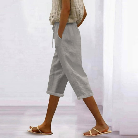 Cyglowse Capris for Women Petite Length Plus Size Pull on Pedal Pushers Dress Capris Summer Wide Leg Casual Cropped Pants with Pockets Light Gray XL